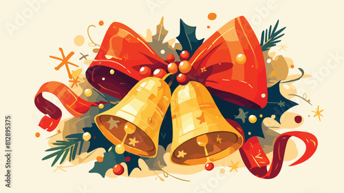 Golden Christmas bells with a red bow vector greeti