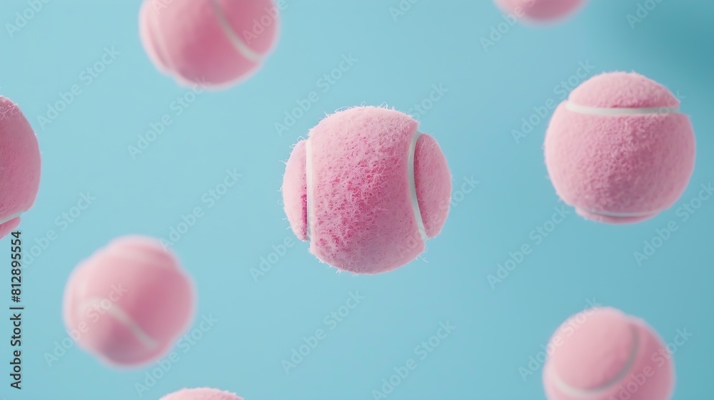 Flying pink tennis balls against pastel blue background Creative sports concept Minimal athletic recreation game or sporty lifestyle backdrop : Generative AI