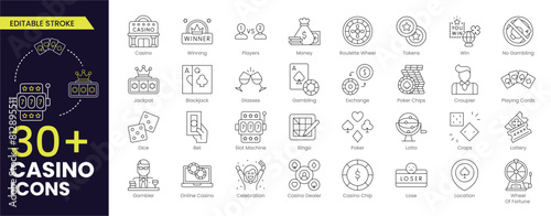 Casino Stroke icon collections. Containing bingo, croupier, dices, poker cards, door, playing cards, casino roulette, gift, poker table, chip, dice, poker chip, card. Editable Outline icon collection.