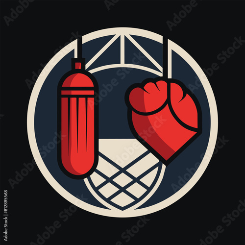 Pair of boxing gloves suspended from a metal hook in a minimalist setting, Punching bag and boxing gloves display, minimalist logo