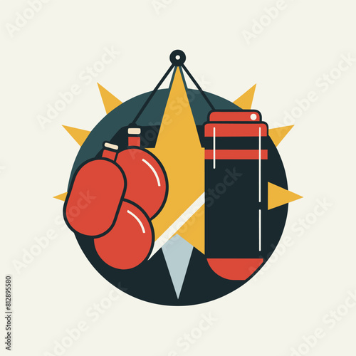 Two boxing gloves are suspended from a wall hook in a minimalistic display, Punching bag and boxing gloves display, minimalist logo