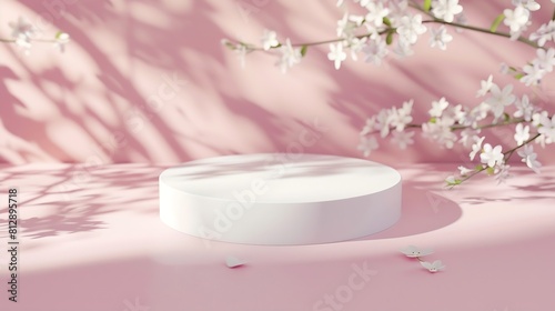 White round podium pedestal cosmetic beauty product presentation empty mockup on trendy pink coral pastel background with light shadows and spring flowers minimalist flat lay backdrop : Generative AI