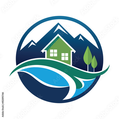 A green house standing in front of a tree with mountains in the background, river house logo design illustration vector template, minimalist logo