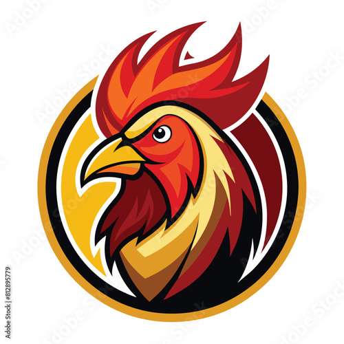 A close-up of a roosters head featuring vibrant red and yellow feathers, rooster logo design vector