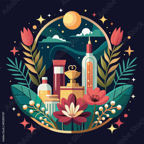 Various objects arranged in a circular pattern, creating an organized and visually appealing display, Serene and sophisticated design for a luxury cosmetics brand