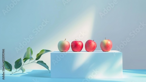 White podium in rectangleshaped decorated with apples over a blue background Apple Malus domestica helps to inhibit the increase of sebum secretion : Generative AI photo