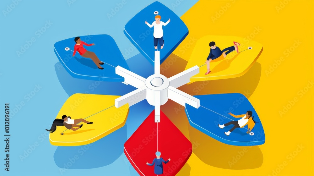 A group of people are hanging out on a yellow and blue shaped object. The people are of different ages and genders. Concept of fun and camaraderie among the group A group of people are hanging out on a yellow and blue shaped object. The people are of different ages and genders. Concept of fun and camaraderie among the group