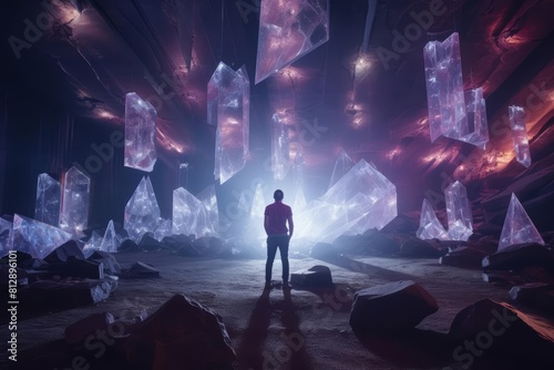 A geologist explores crystal caves with holographic mapping tools