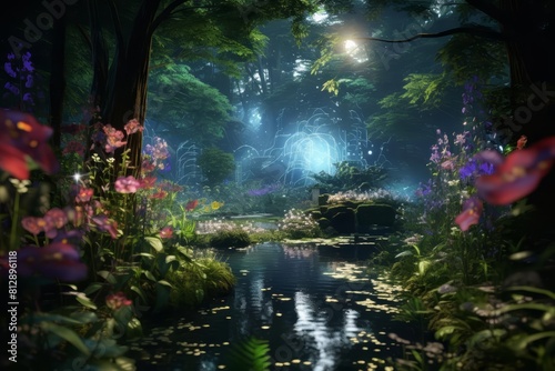 A Glow HUD hovers over a serene garden  projecting data on new botanical species  with a gentle blur of green foliage and vibrant flowers in the background