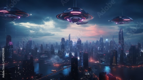 A Glow HUD overlays a bustling cityscape where tiny automated drones flit above, under a blur background of neonlit skyscrapers