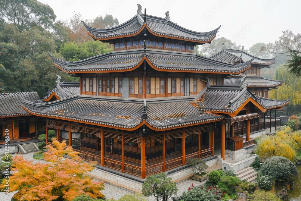 Elegant wooden chinese building with ornate roof and autumn trees Elegant wooden chinese building with ornate roof and autumn trees