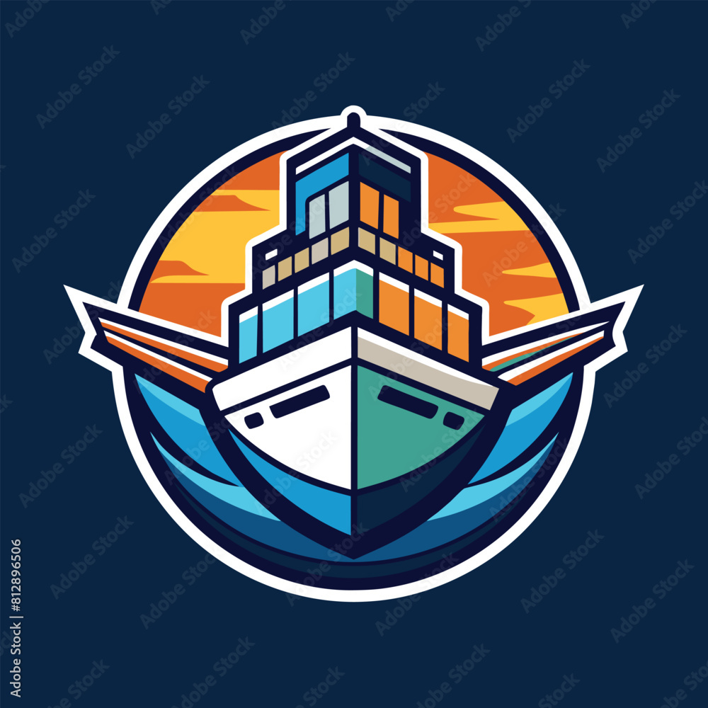 A ship cruising on the water with a vibrant sunset in the background, Simplifying the idea of shipping into a visually striking logo A ship cruising on the water with a vibrant sunset in the background, Simplifying the idea of shipping into a visually striking logo
