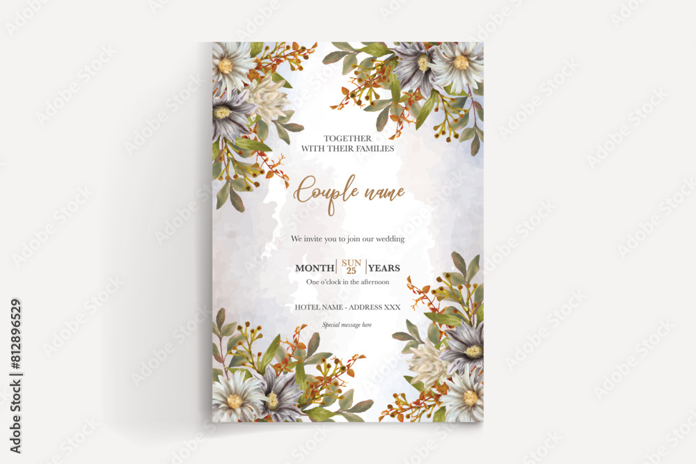 WEDDING INVITATION FRAME WITH FLOWER DECORATIONS AND FRESH LEAVES WEDDING INVITATION FRAME WITH FLOWER DECORATIONS AND FRESH LEAVES