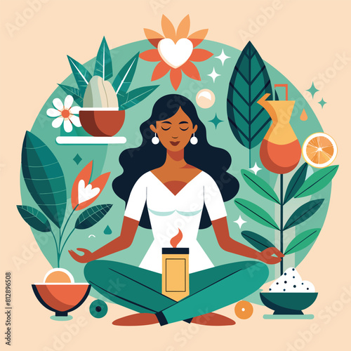 A woman sitting cross-legged in a lotus position amidst a variety of green plants, Sleek and chic design evoking the essence of self-care and wellness