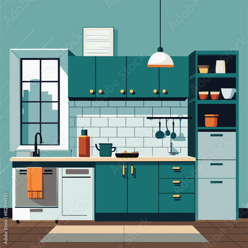 A sleek modern kitchen featuring green cabinets and white countertops, Sleek and modern kitchen with minimalist cabinetry and subway tile backsplash
