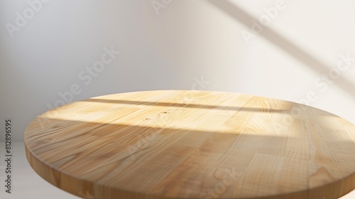 Empty beautiful round wood table top counter on interior in clean and bright with shadow background Readywhite background for product montage : Generative AI