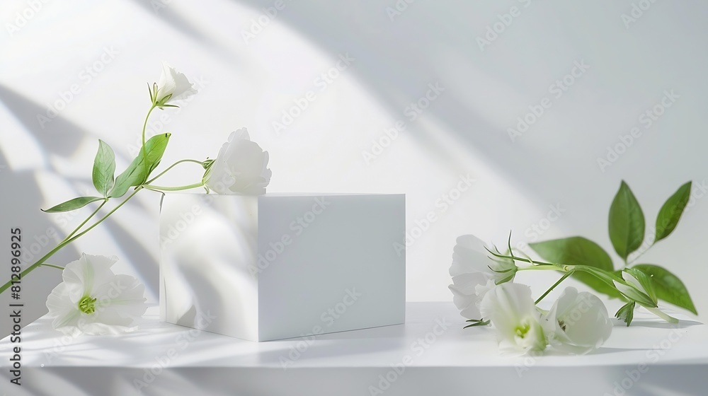 Summer minimal scene for beauty cosmetic product presentation made with white cube podium and Lysianthus flower on white background : Generative AI Summer minimal scene for beauty cosmetic product presentation made with white cube podium and Lysianthus flower on white background : Generative AI