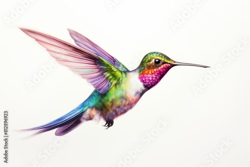 A tiny watercolor of a colorful hummingbird in flight, capturing its delicate motion isolated white background