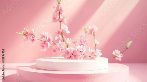 A front view of white podium decorated with flower and pink background with blank space for advertising : Generative AI