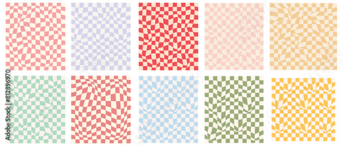 Groovy hippie 70s backgrounds. Checkerboard, chessboard, mesh, waves patterns. Twisted and distorted vector texture in trendy retro psychedelic style. Y2k aesthetic. eps 10