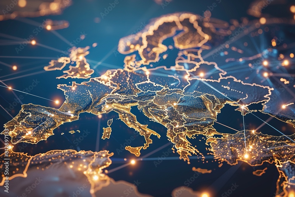 Digital Map of Europe with Global Network Connections,Global Network ...