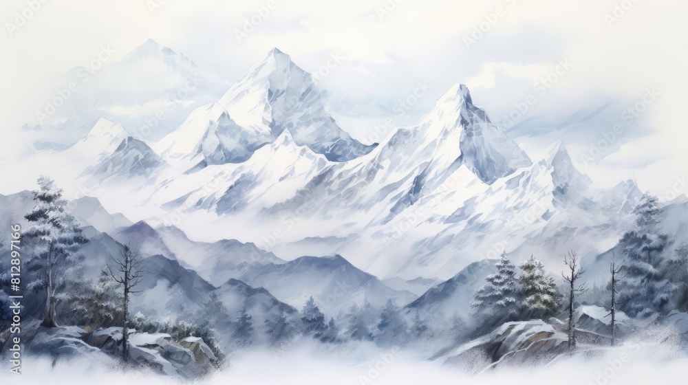 A watercolor of a majestic mountain range dusted with snow, illustrated in Japan draw art styles, clipart watercolor easy detail on white background A watercolor of a majestic mountain range dusted with snow, illustrated in Japan draw art styles, clipart watercolor easy detail on white background