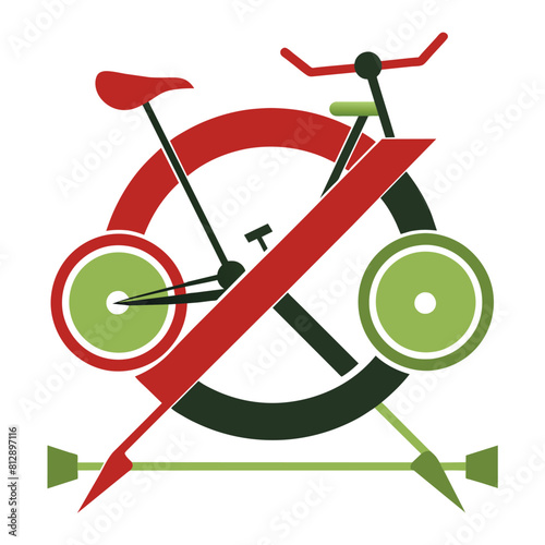 A bicycle leaning against a pole with a clear No Bike Allowed sign attached to it on a city street, Spin bike and rowing machine pairing, minimalist logo photo