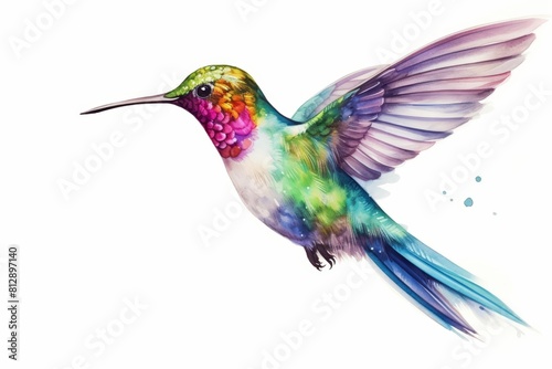 A tiny watercolor of a colorful hummingbird in flight  capturing its delicate motion isolated white background