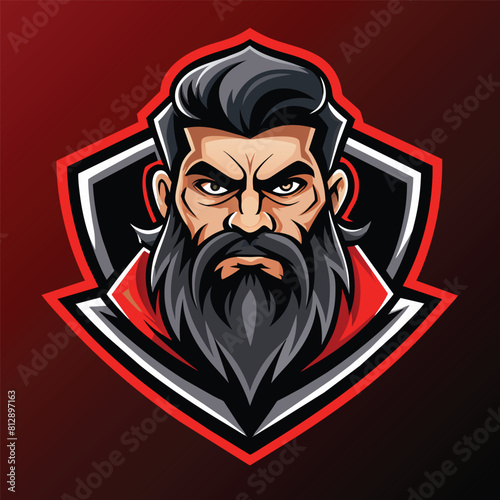 A man with a beard in front of a red background, Sport and Esport Bearded Man Head Mascot Logo