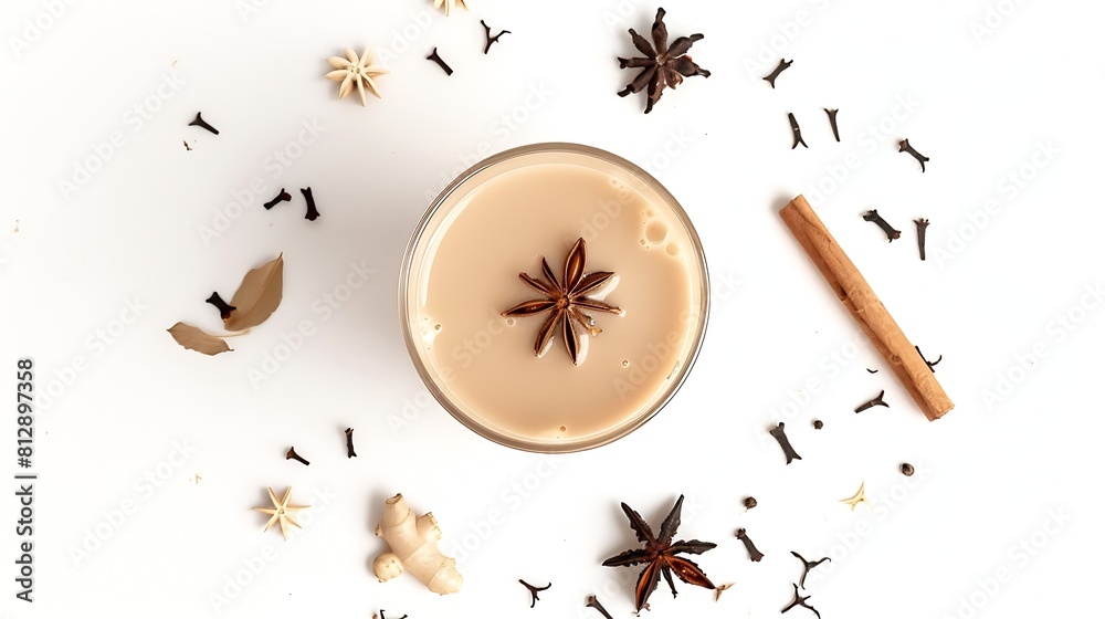 Creative layout made of chai masala on a white background Top view Indian drink Black tea with milk and species : Generative AI Creative layout made of chai masala on a white background Top view Indian drink Black tea with milk and species : Generative AI