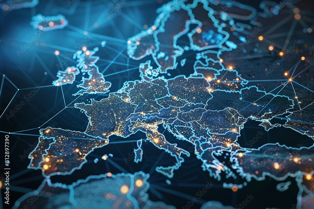 Digital Map of Europe with Global Network Connections,Global Network ...