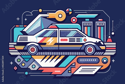 A car displayed in a modern, graphic style with sleek lines and bold colors, Streamlined design with a hint of technical sophistication