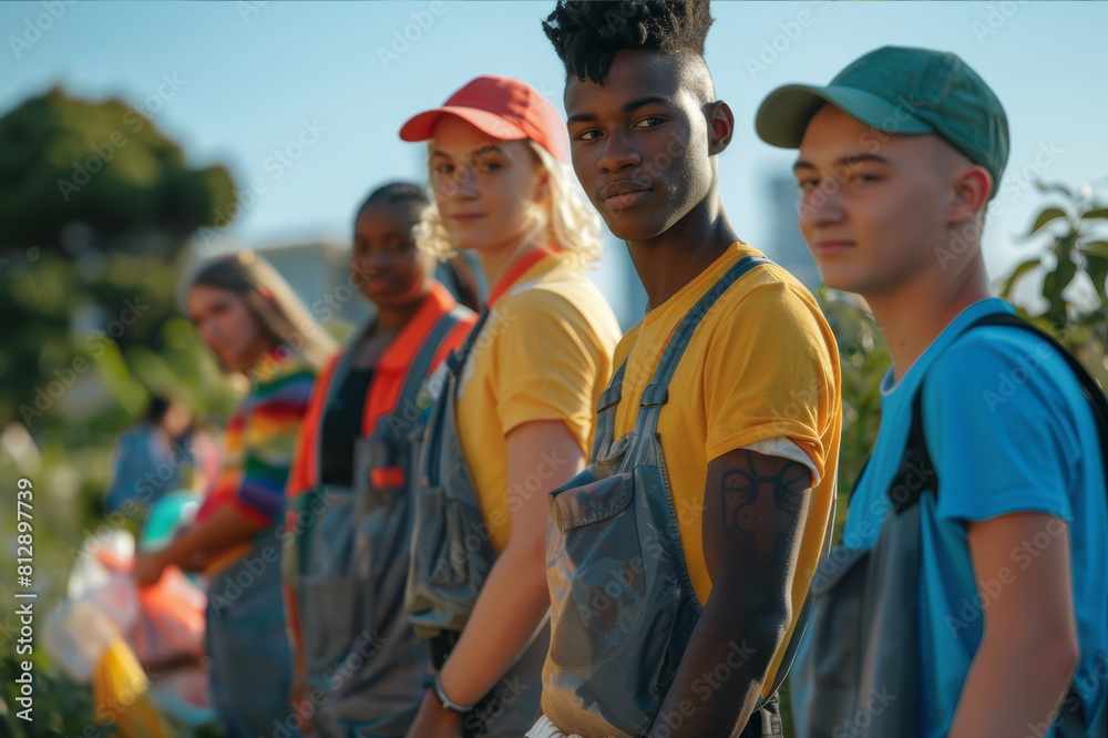 Group of LGBT youth volunteers cleaning a community park together. AI generated. Group of LGBT youth volunteers cleaning a community park together. AI generated.