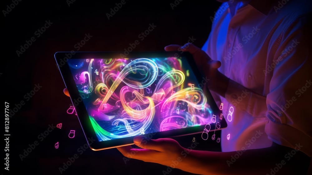 Amazing of a musician with Glow HUD big icon of musical notes, composing a new symphony on a digital tablet, isolated on a solid color background, featuring colorful color