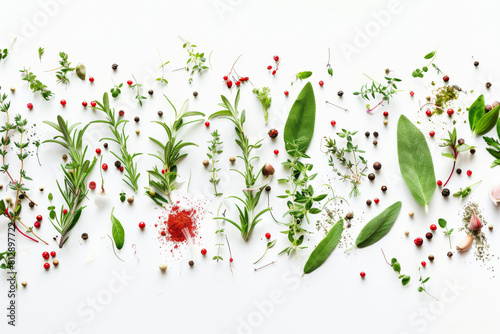 A white background with a variety of herbs and spices scattered across it
