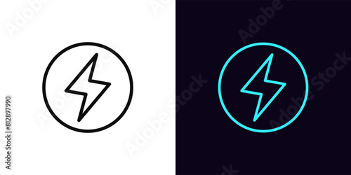 Outline lightning icon, with editable stroke. Electric lightning sign with circle frame. Electric vehicle, round lightning logo, battery charge station, electric energy and power charging. Vector icon