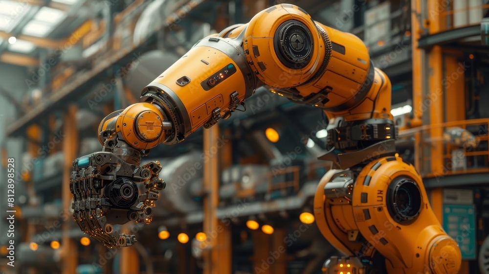 Within the bustling industrial sector, a towering robot with multiple appendages commands attention as it orchestrates a mesmerizing dance of manufacturing.