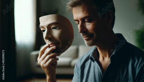 A man is holding a mask in front of a couch. The man is looking at the mask and seems to be contemplating something. Concept of introspection and curiosity