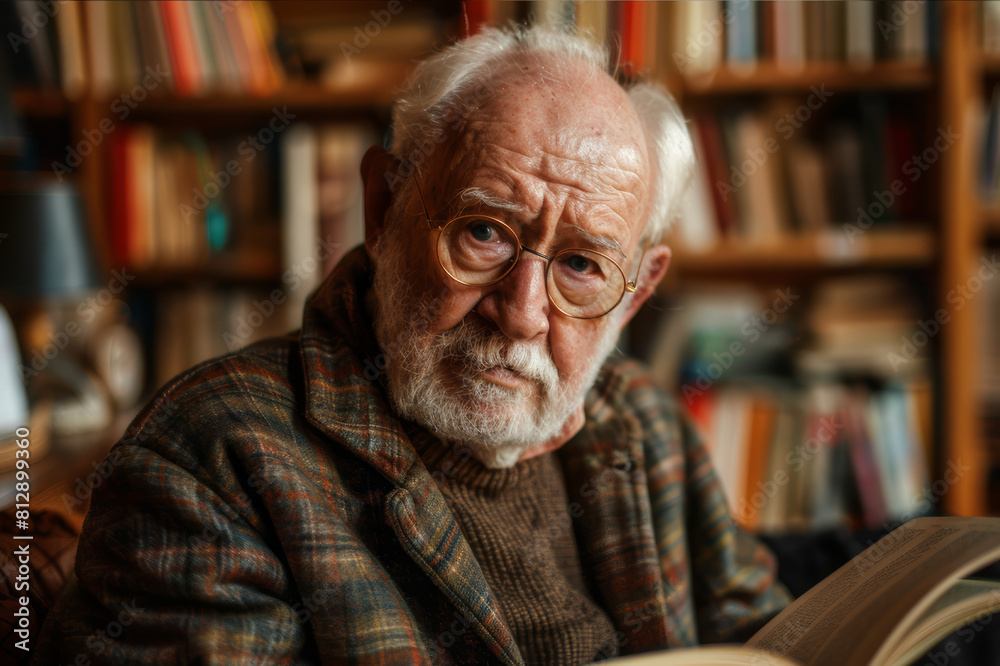 Elderly man reading a book in a library with warm golden lighting, reflecting thoughtfully. AI generated. Elderly man reading a book in a library with warm golden lighting, reflecting thoughtfully. AI generated.