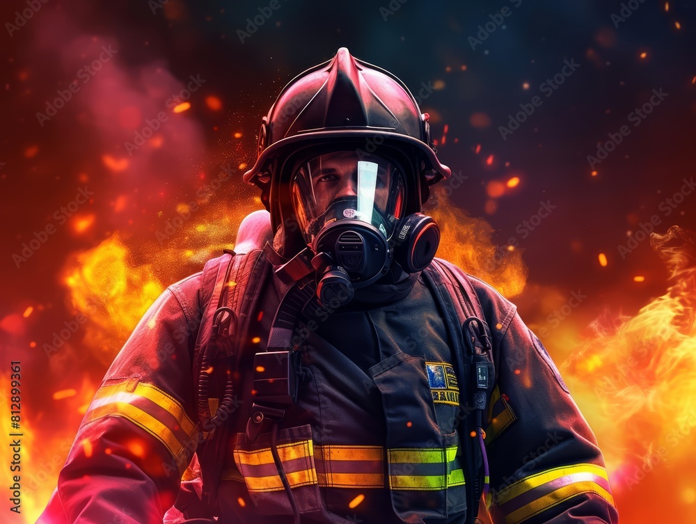 Closeup half body of a firefighter with Glow HUD big icon of a flame Closeup half body of a firefighter with Glow HUD big icon of a flame