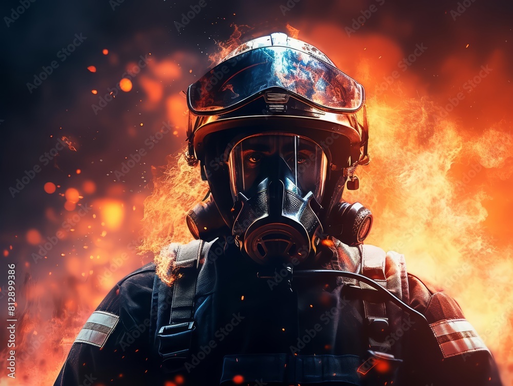 Closeup half body of a firefighter with Glow HUD big icon of a flame Closeup half body of a firefighter with Glow HUD big icon of a flame