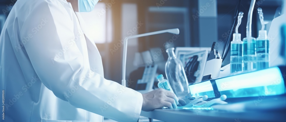 Closeup half body of a dentist with Glow HUD big icon of dental tools Closeup half body of a dentist with Glow HUD big icon of dental tools