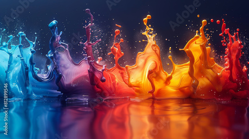 Vibrant hues dance across a dark canvas, creating a mesmerizing display of colorful paint splashes.