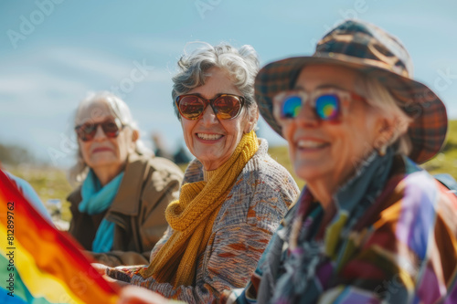 Group of elderly LGBT friends enjoying a picnic on a sunny day, smiling and sharing stories. AI generated.