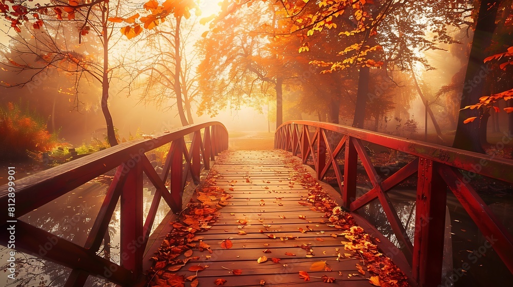 Autumn nature landscape Lake bridge in fall forest Path way in gold ...