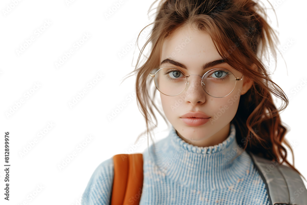 Pretty cute girl dressed stylish clothes going to university on isolated transparent background