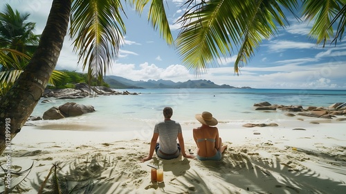 couple men and women on the beach with a coconut drink Praslin Seychelles tropical island with white beaches and palm trees the beach of Anse Volbert Seychelles : Generative AI photo