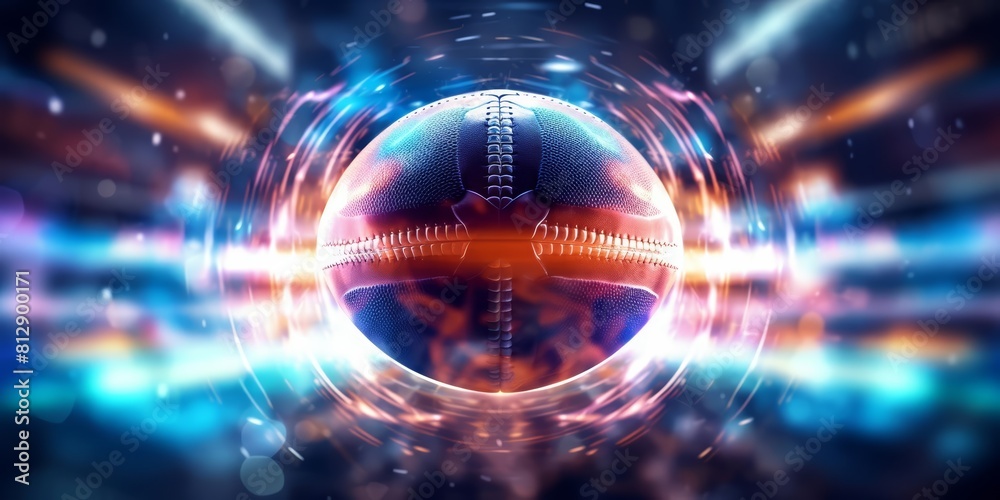 Colorful Glow HUD icon of a football, illustrating dynamic sports action, with a very blurry backdrop of a stadium filled with fans Colorful Glow HUD icon of a football, illustrating dynamic sports action, with a very blurry backdrop of a stadium filled with fans