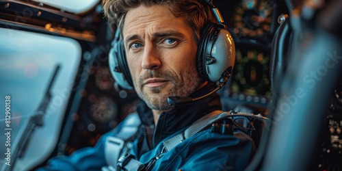 Confident Pilot Wearing Headset in Aircraft Cockpit