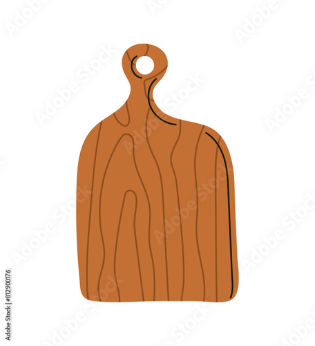 Oak chopping board, clean new wooden cooking kitchenware of creative shape, rustic brown kitchen utensil, wooden cutting board isolated on white background flat vector illustration.